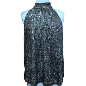 Halogen Women's Halter Neck Sequin Sleeveless Top Smocked Pearl Gray Sz XL NEW